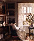 Carl Vilhelm Holsoe Reading in the Morning Light painting
